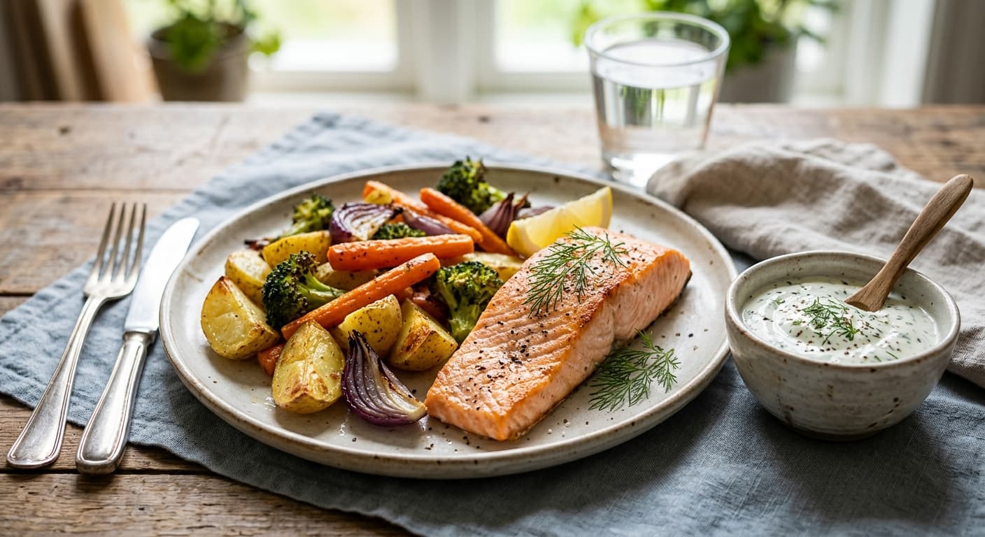 Laxmiddag med ugnsrostade grönsaker och dillkräm