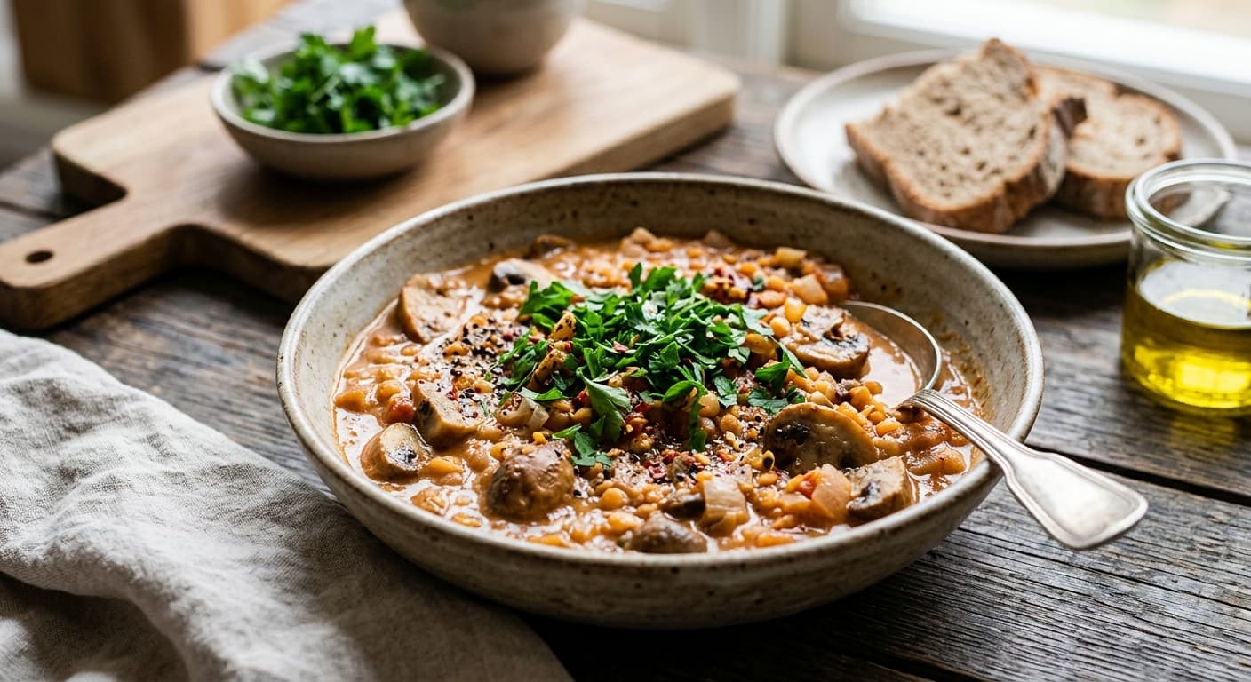 Snabb vegetarisk gryta med svamp och linser