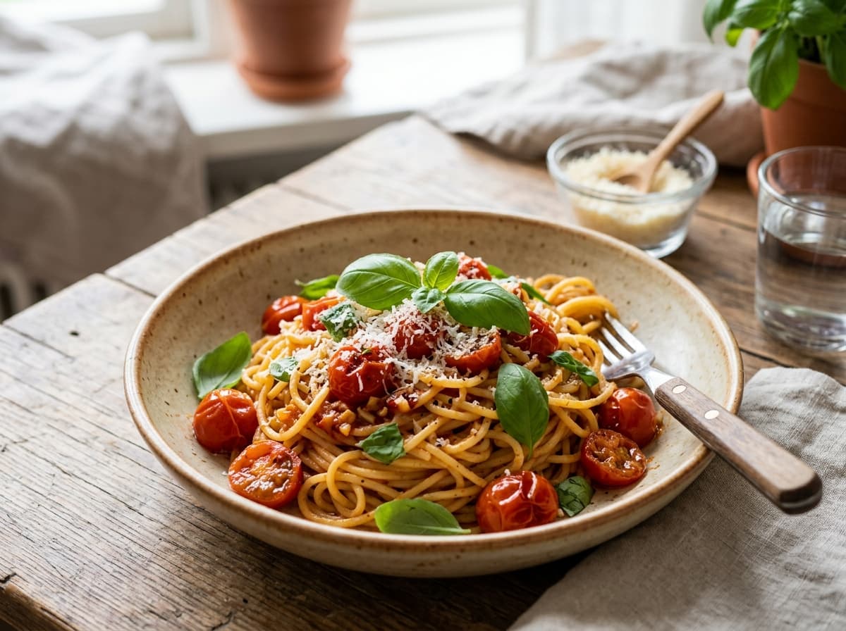 Snabb vegetarisk pasta med tomat och basilika