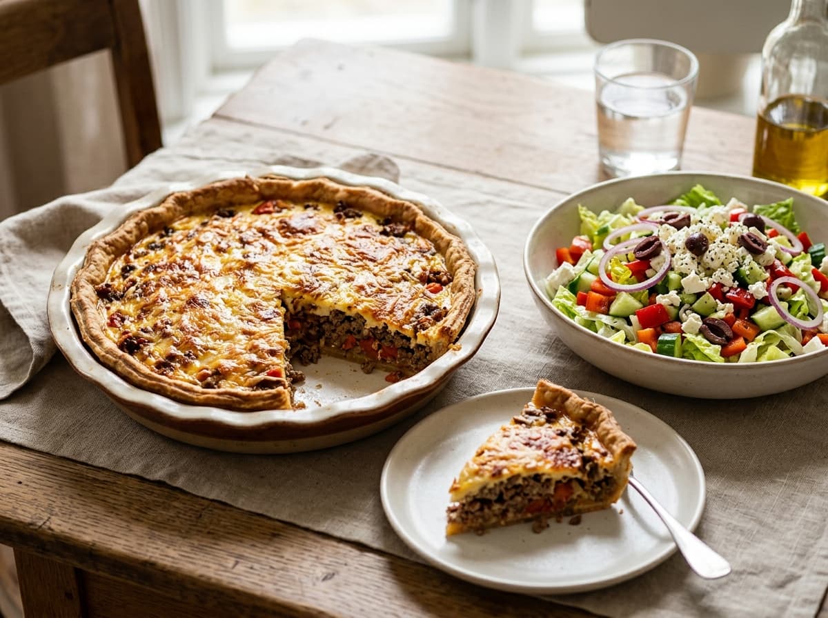 Köttfärspaj med Feta- och Paprikasallad