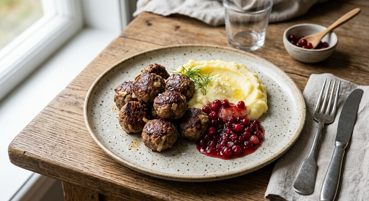Köttbullar med rårörda lingon och potatismos