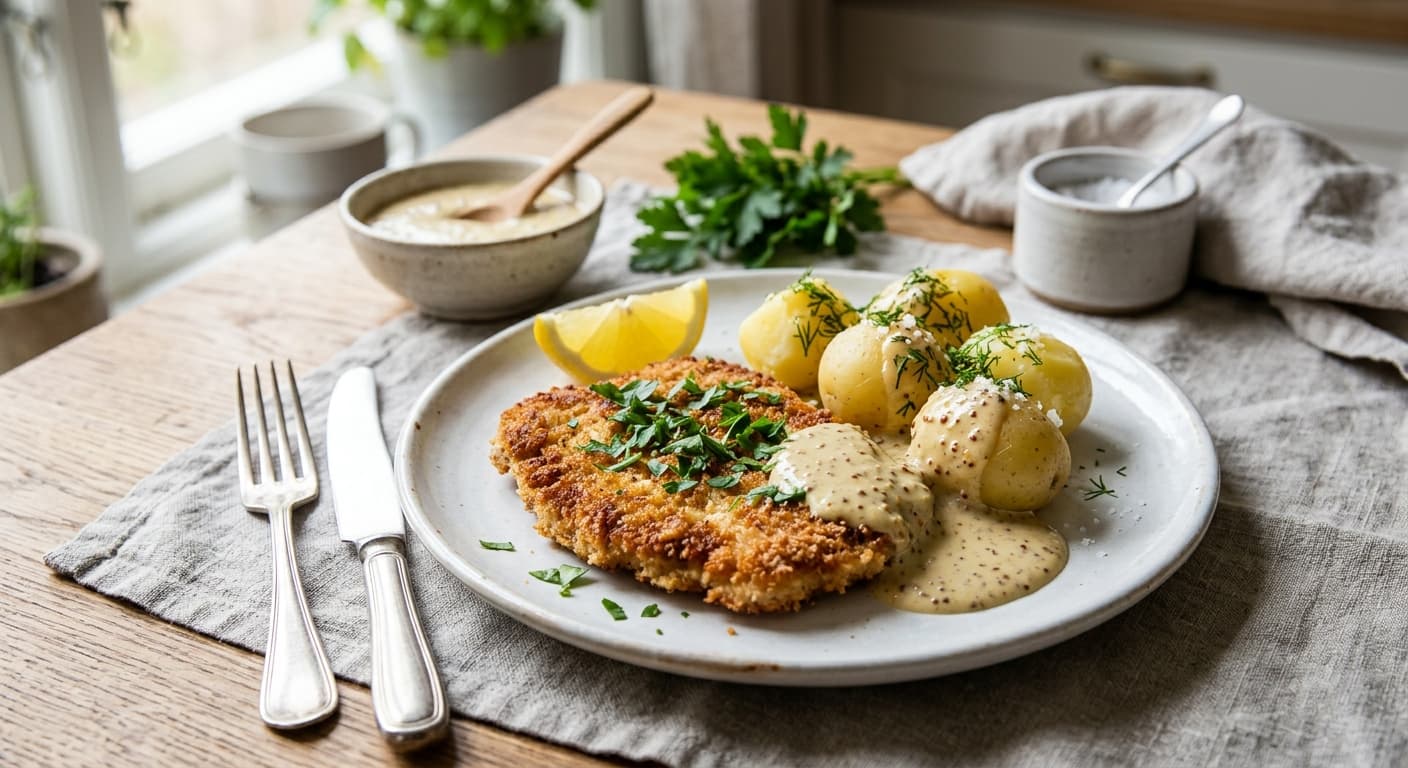 Schnitzel (fläskschnitzel) med potatis och senapssås
