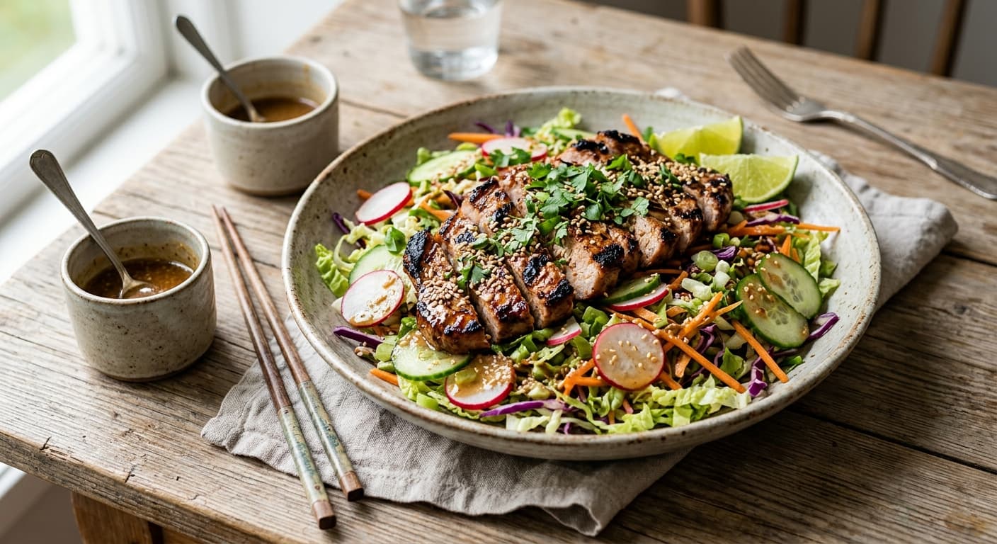 Koreansk sallad med grillad fläskkarré och sesamdressing