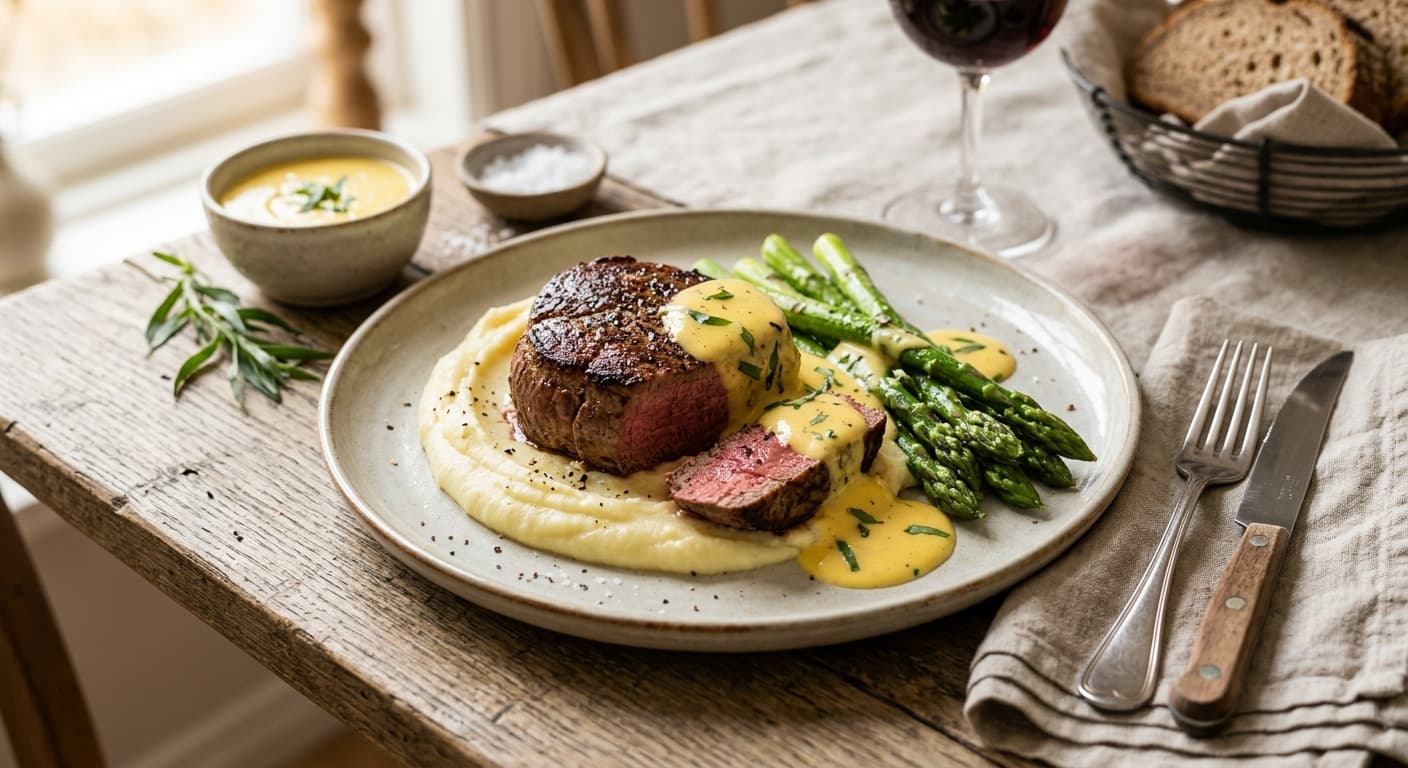 Tournedos med sparris, potatispuré och bearnaisesås