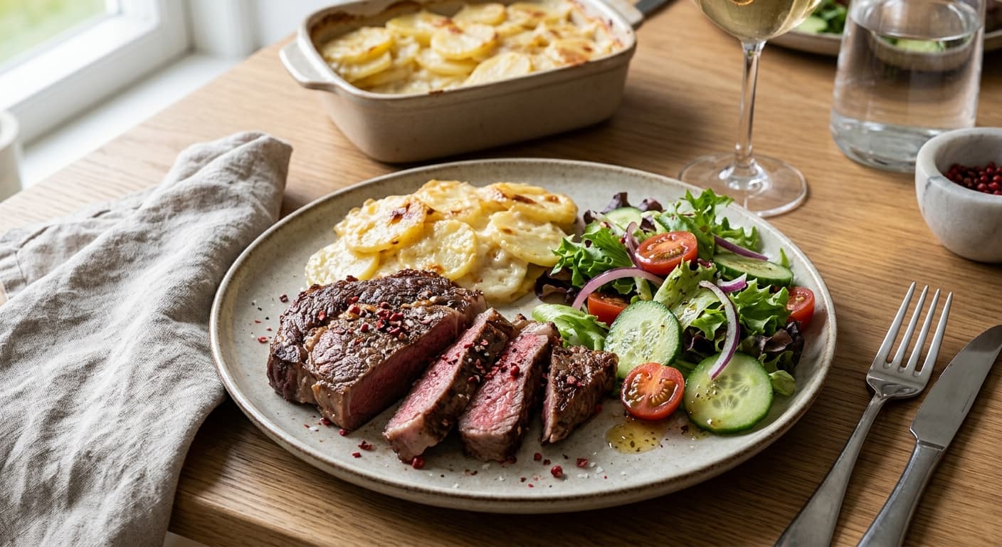 Rosépepparentrecote med potatisgratäng och grönsallad