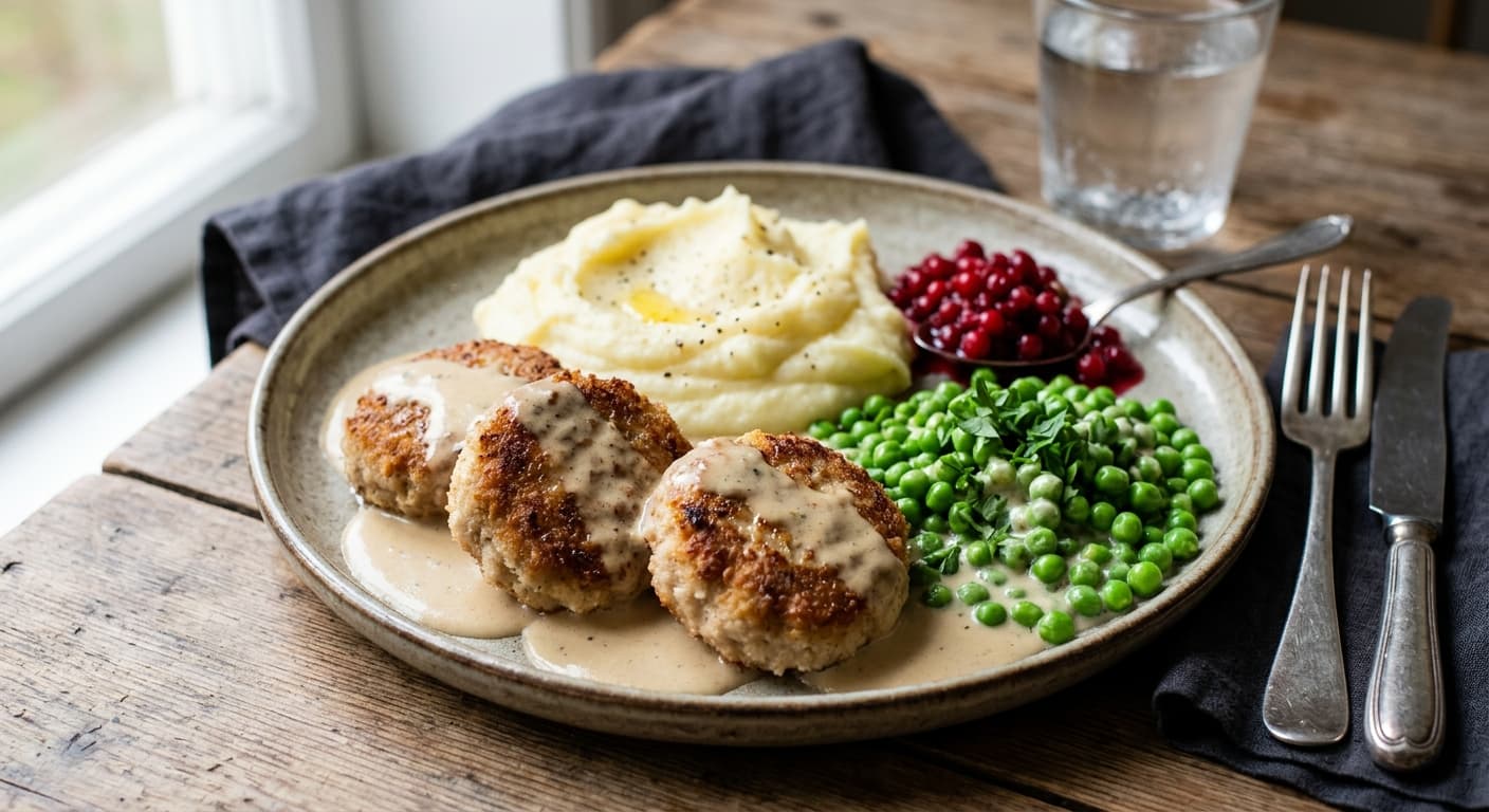 Wallenbergare med gräddsås, potatismos och rårörda lingon