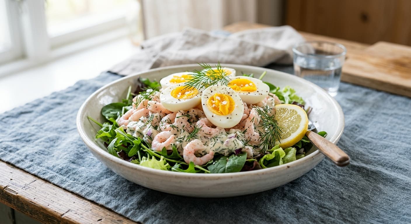 Räksallad med ägghalvor, dill och citron