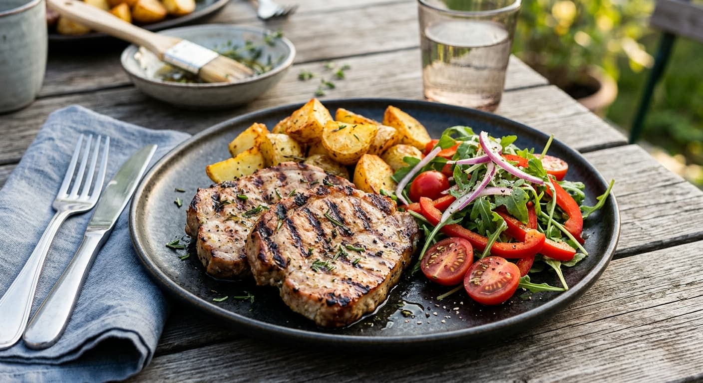Grillad fläskkarré med ugnsrostad potatis och sallad