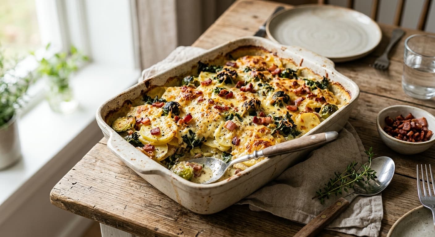 Gratäng med potatis, brysselkål & grönkål