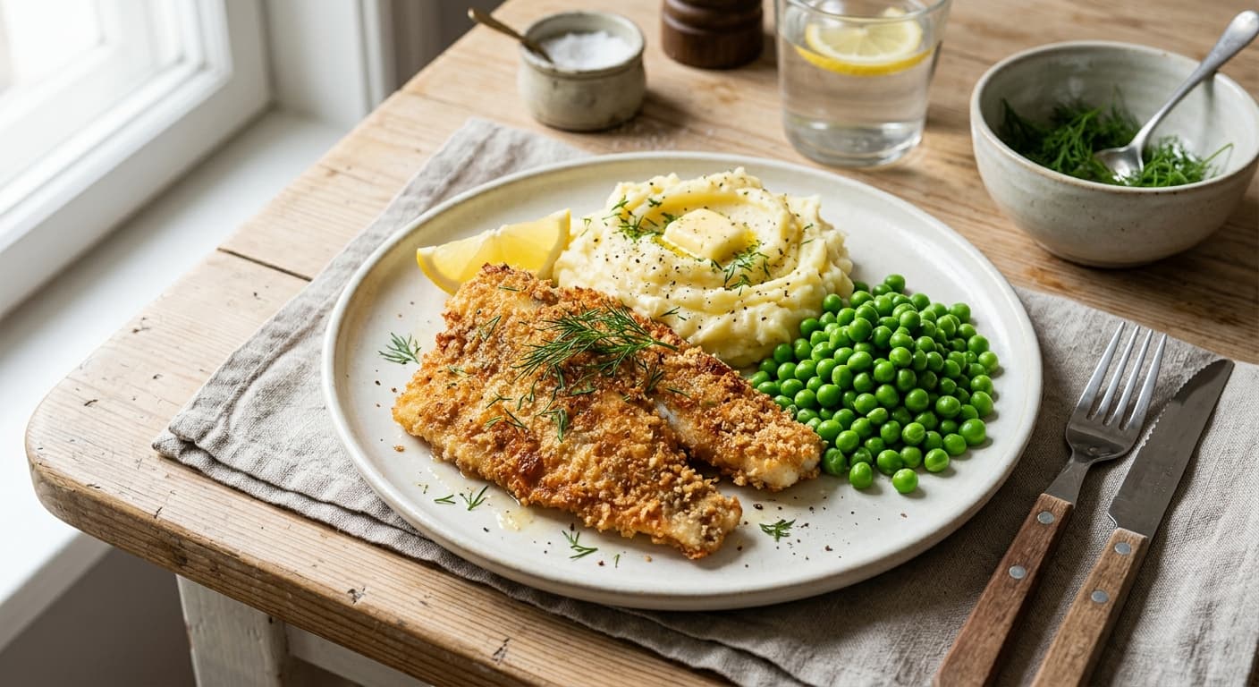 Smörstekt panerad flundra med potatismos och ärtor