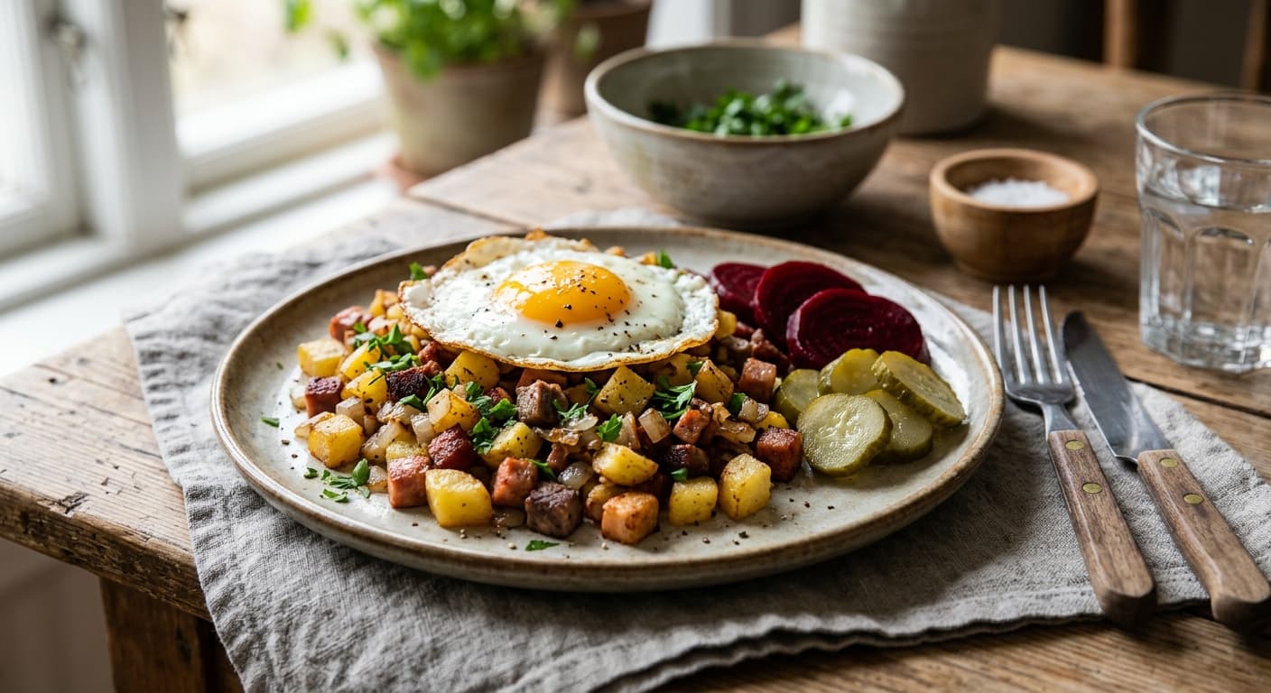Pytt i panna med stekt ägg, saltgurka och rödbetor