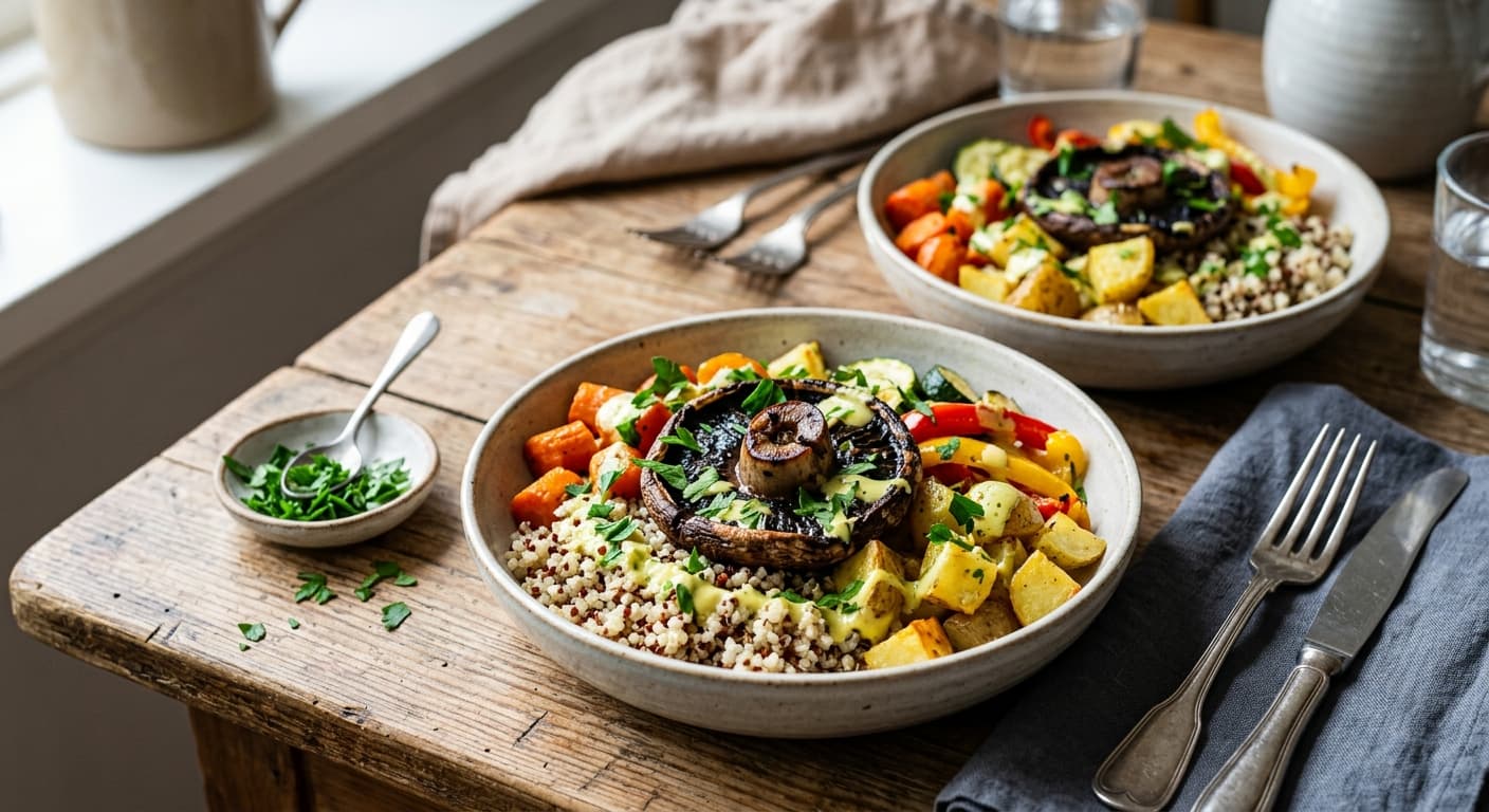 Portobellobowl med quinoa och rostade grönsaker