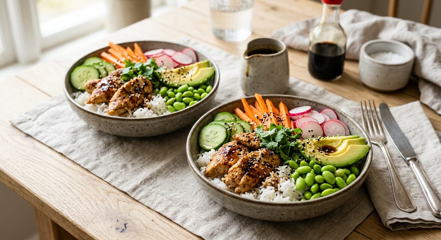 Näringsrik bowl med kyckling och sesamdressing