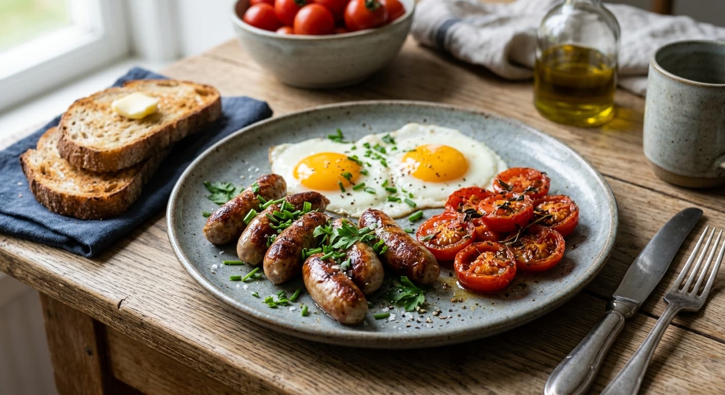 Nürnberger med stekt ägg och ugnslagad tomat (brunch)