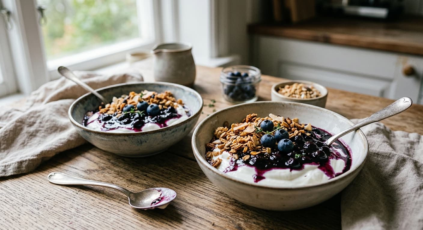 Grekisk yoghurt med crunchy granola och blåbärskompott