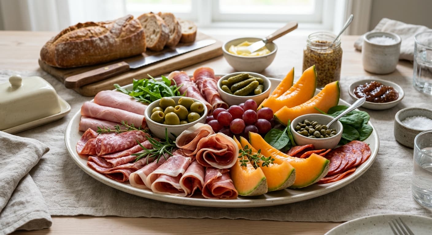 Tallrik med olika skinkor och korv för brunch