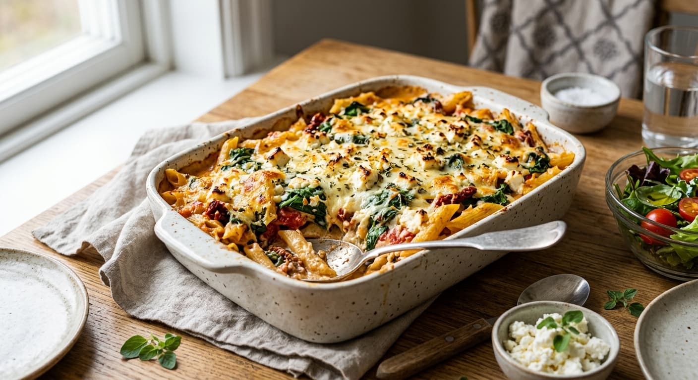 Vegetarisk Pastagratäng med Spenat och Fetaost