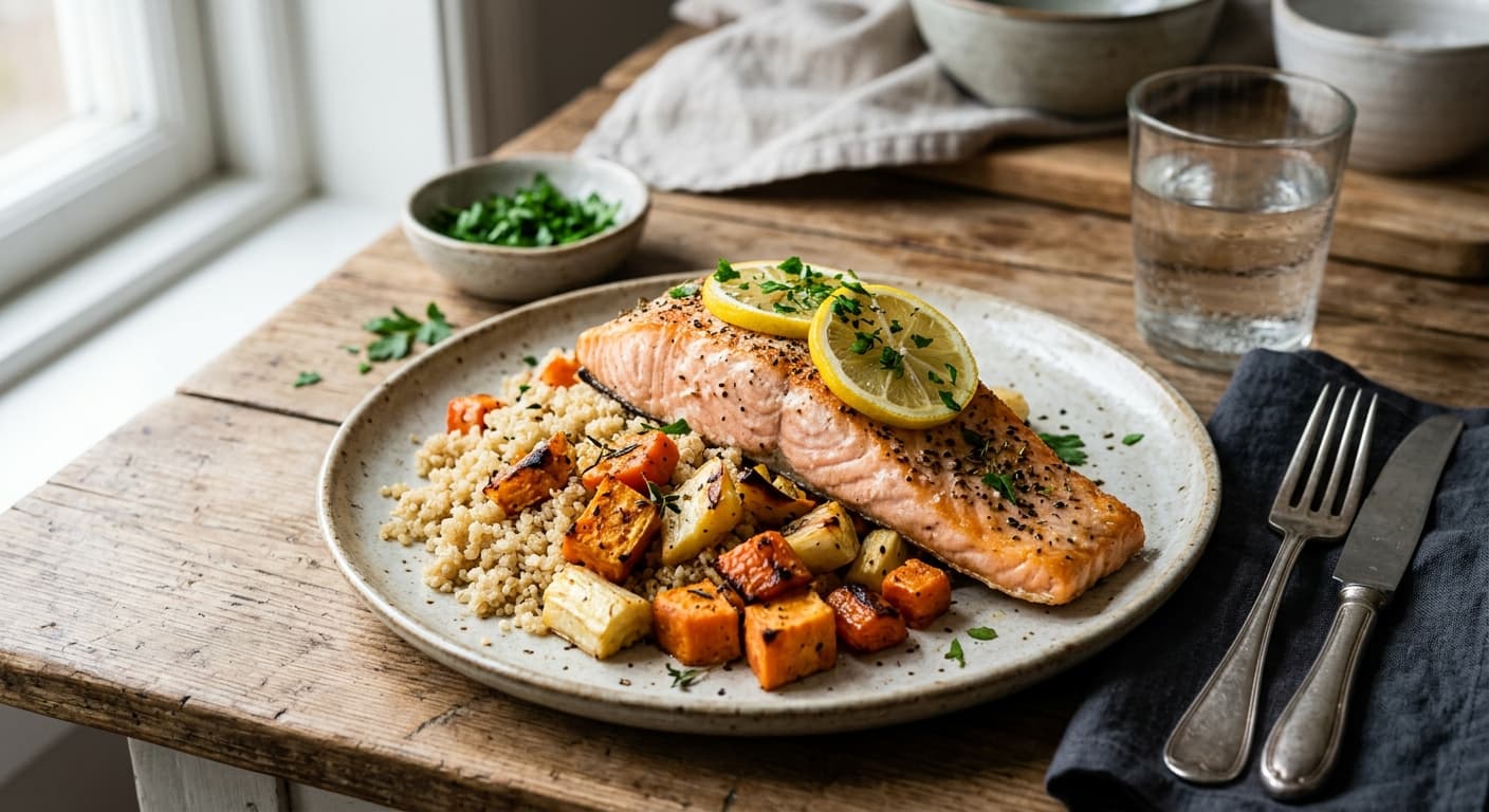 Ugnsbakad Lax med Quinoa och Rostade Rotfrukter