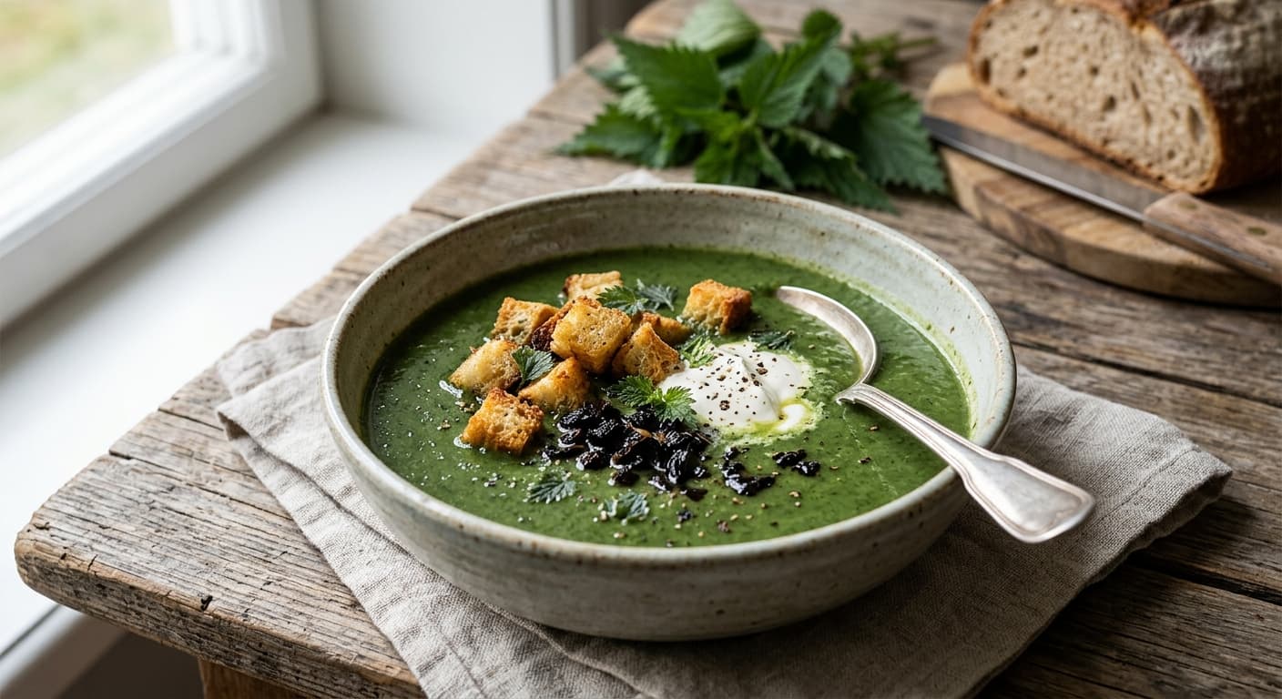 Nässelsoppa med Surdegskrutonger och Fermenterad Vitlök