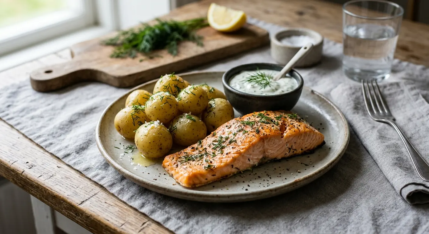 Ugnsbakad lax med färskpotatis och dillsås