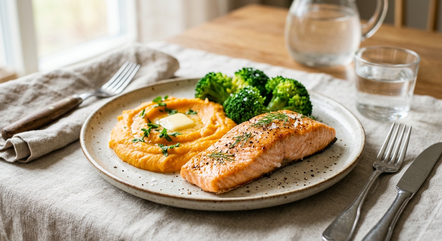 Ugnsbakad Lax med Sötpotatispuré och Ångad Broccoli
