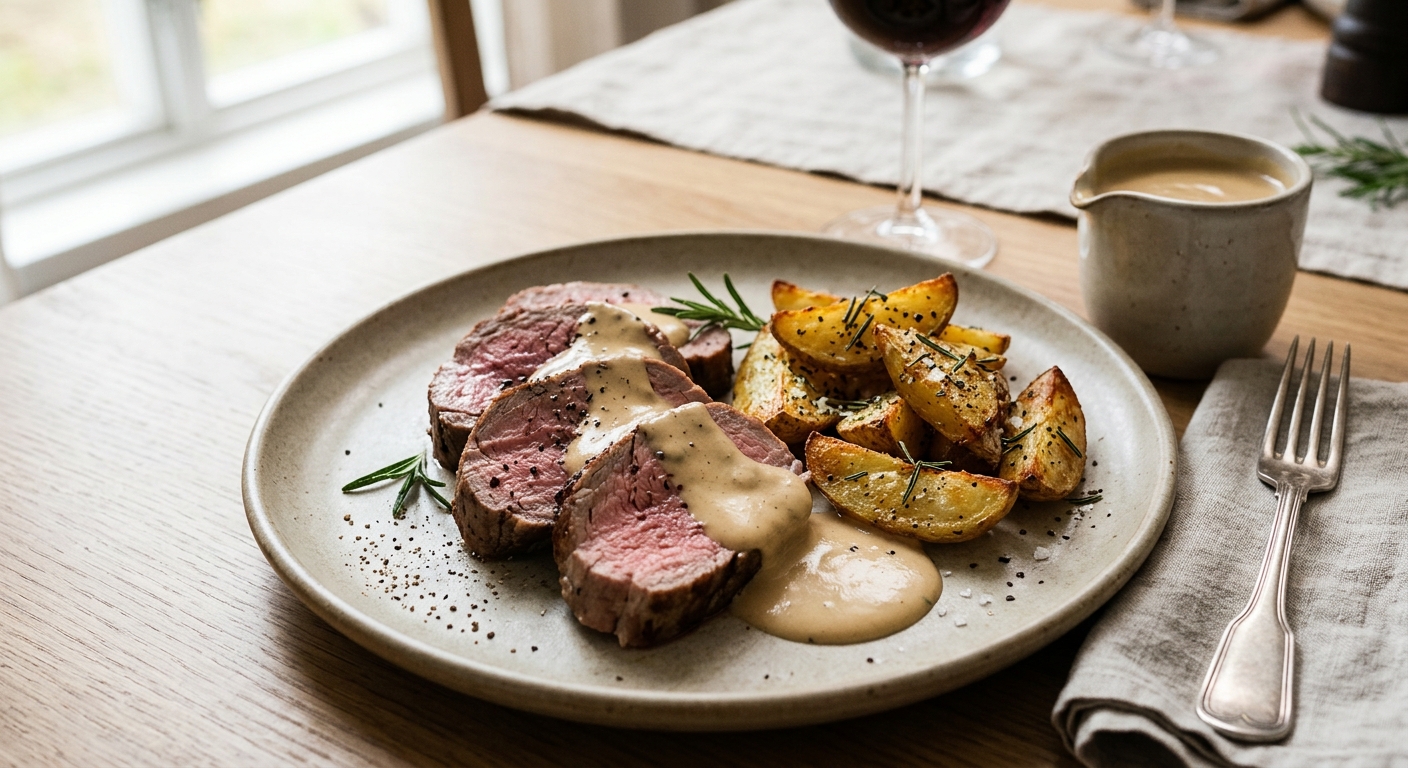Ugnsbakad Kalvfilé med Rosmarinpotatis och Gräddsås