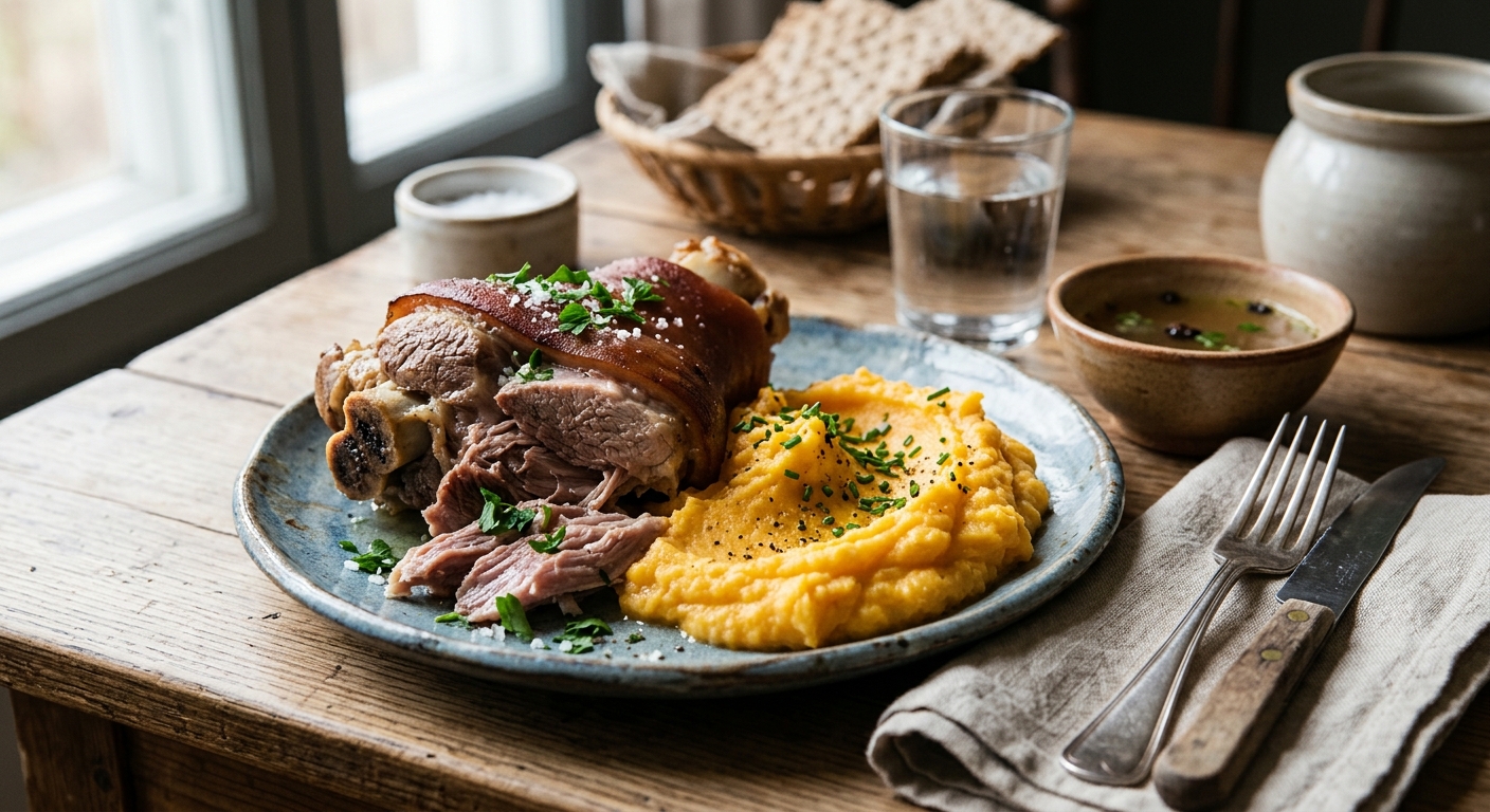Kokt fläsklägg med rotmos