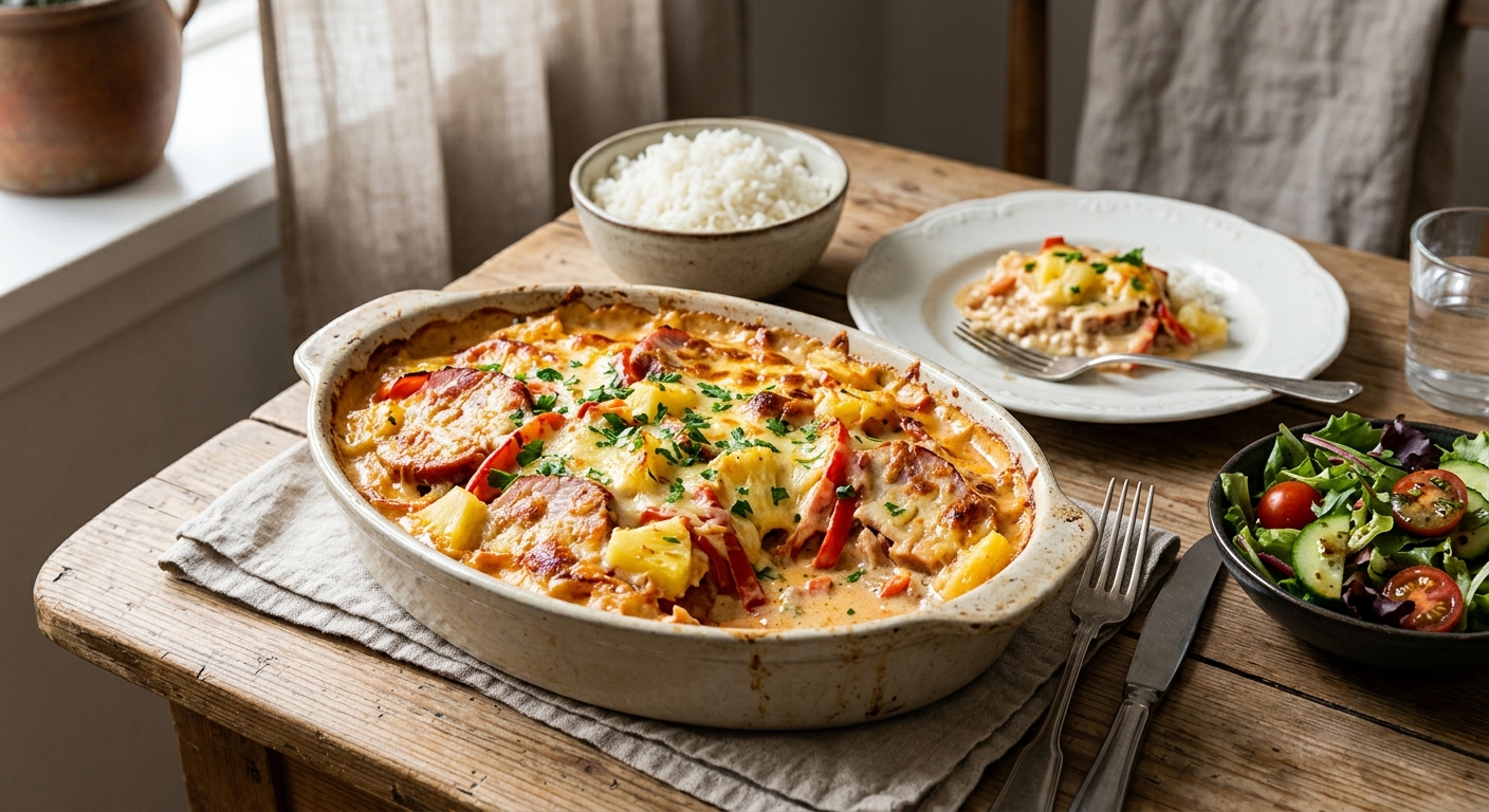 Kasslergratäng med ananas och paprika