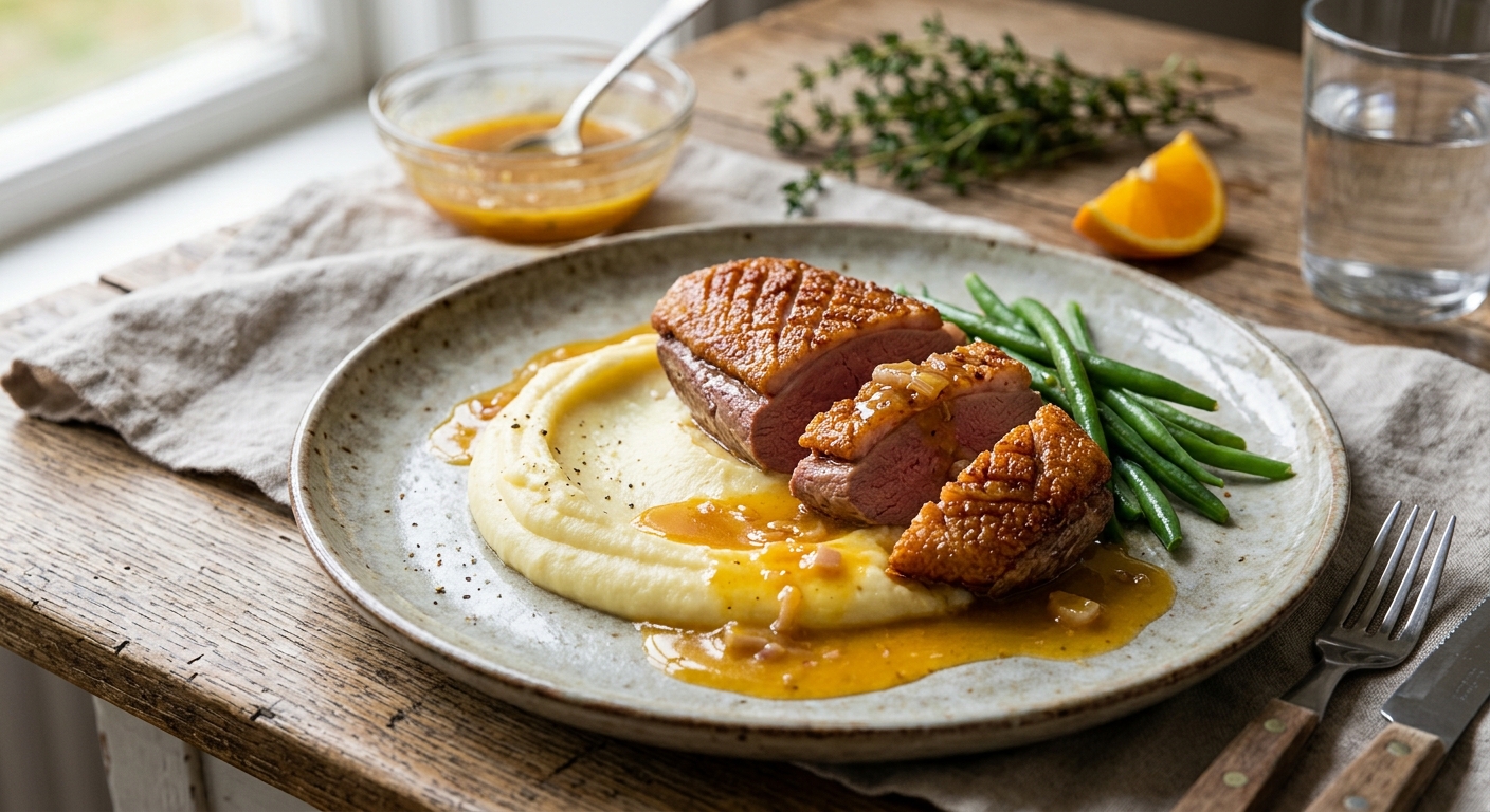 Ankbröst med apelsinsås och potatispuré
