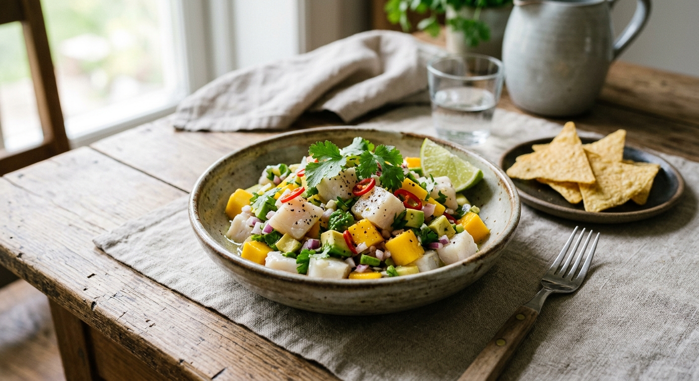 Ceviche på torsk med mango och chili