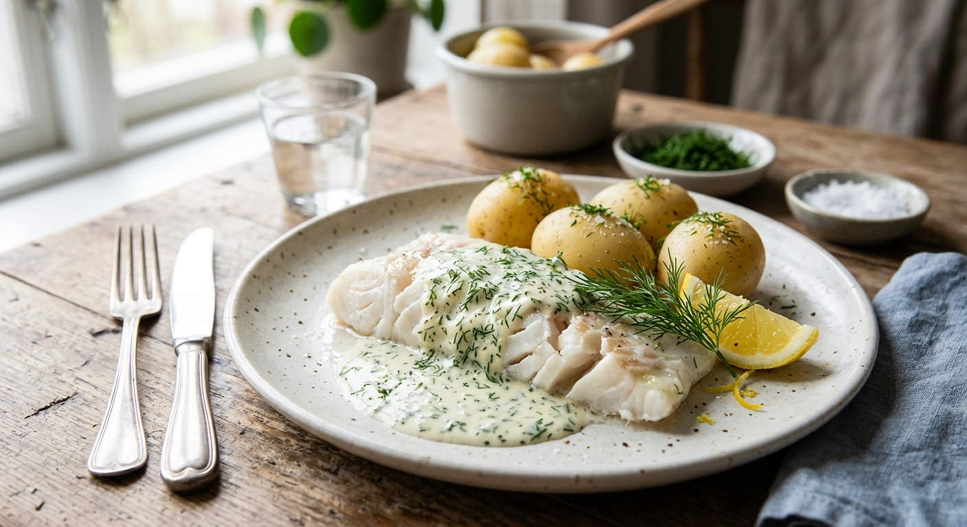 Kokt Torsk med Dillsås och Potatis