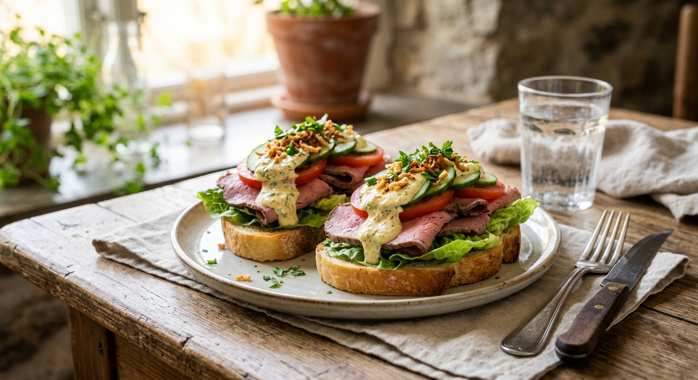 Köttsmörgås med Rostbiff och Remouladsås