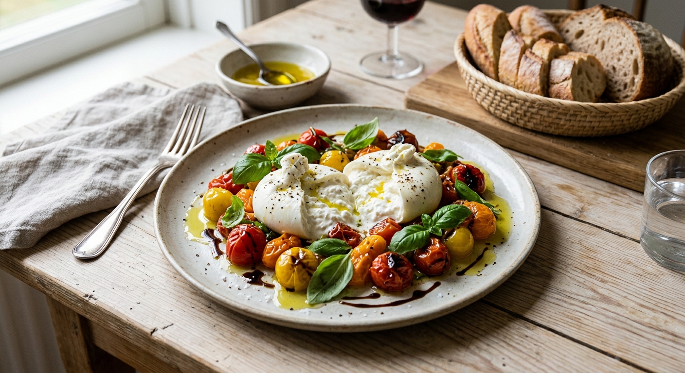Burrata med Rostade Körsbärstomater och Basilika