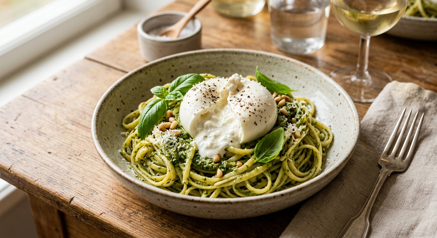 Pasta med Burrata och Pesto