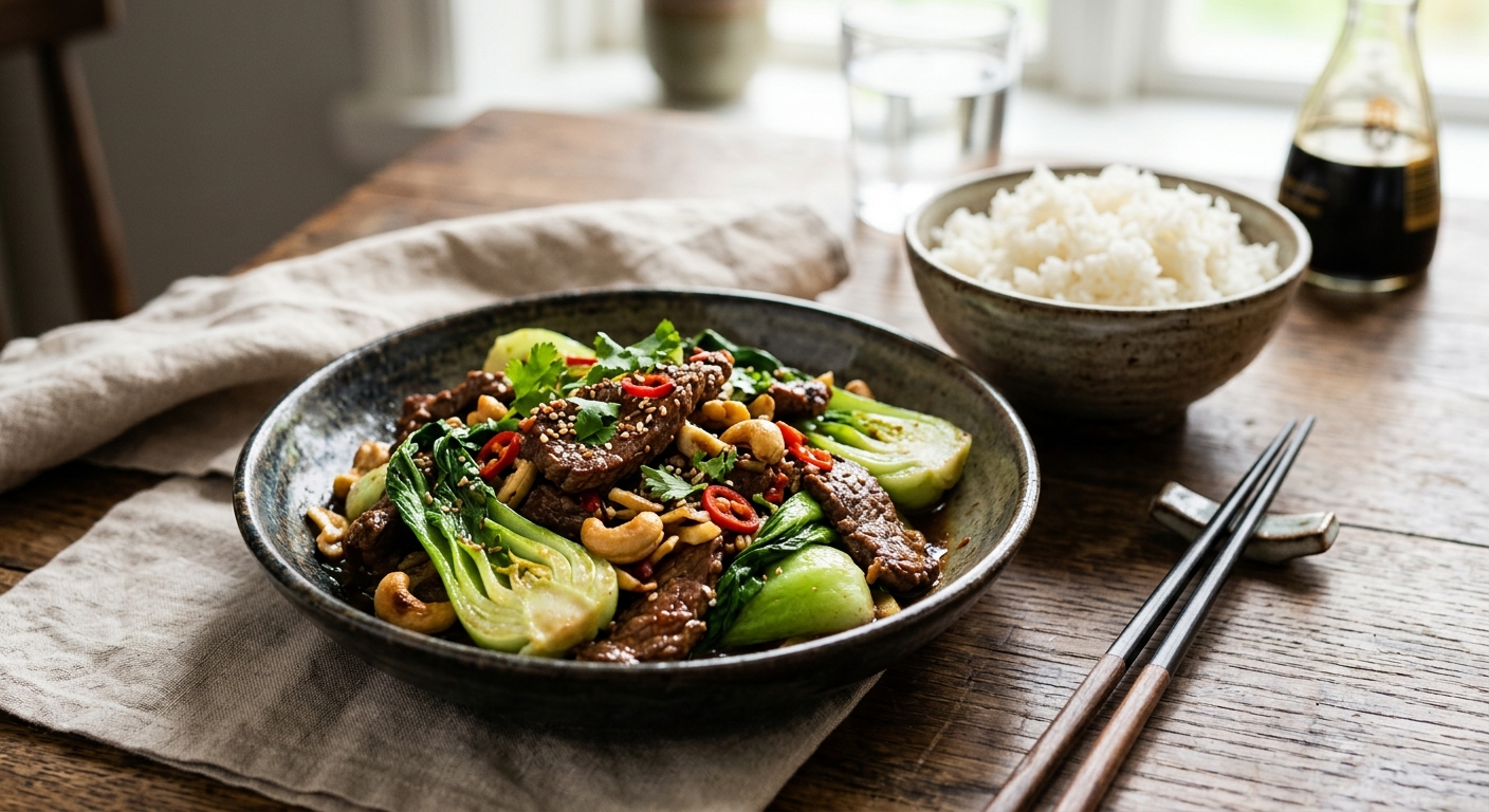 Chilistekt biff med pak choi och cashewnötter