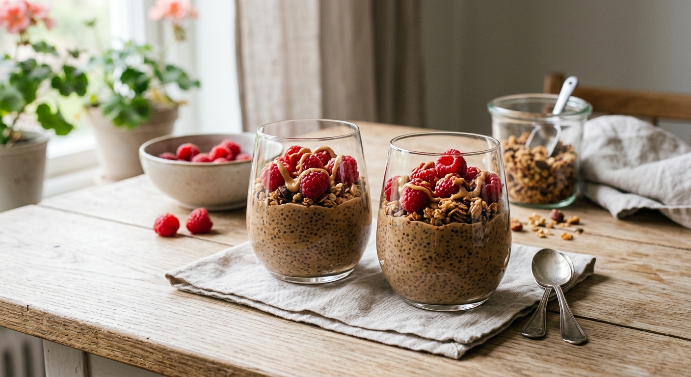 Chiapudding med jordnötssmör, hallon och granola