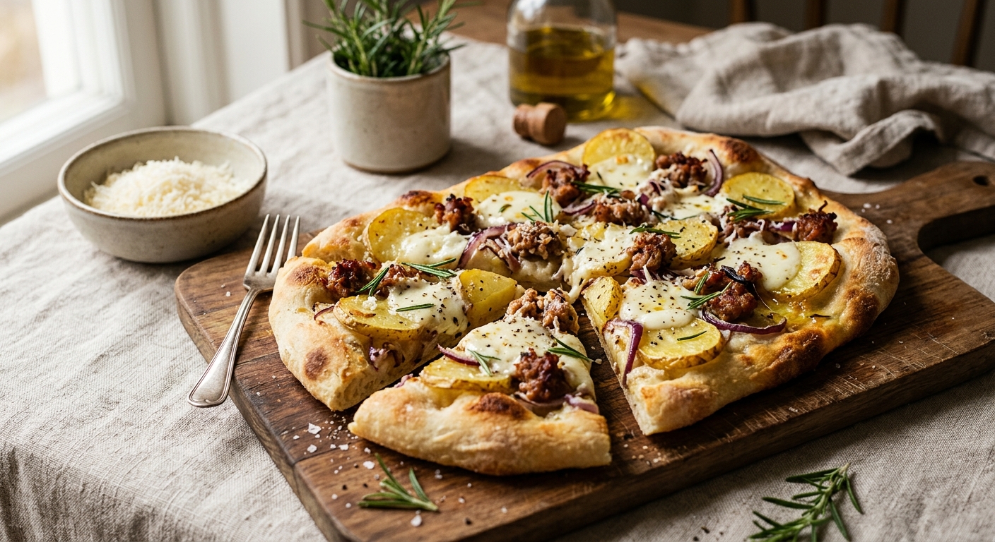 Pinsa med salsiccia och potatis