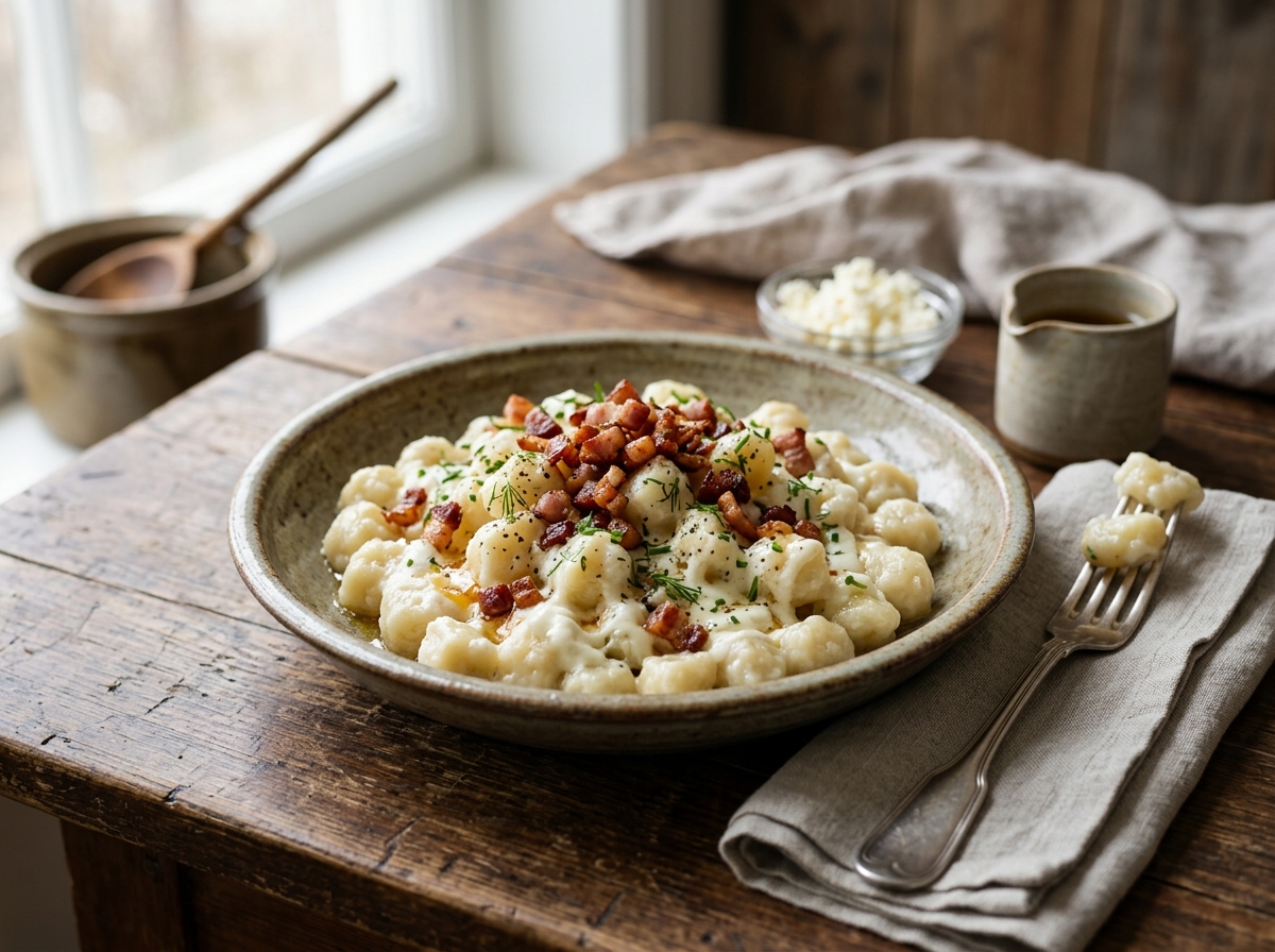 Bryndzove halusky - kroppkakor med fårost och bacon