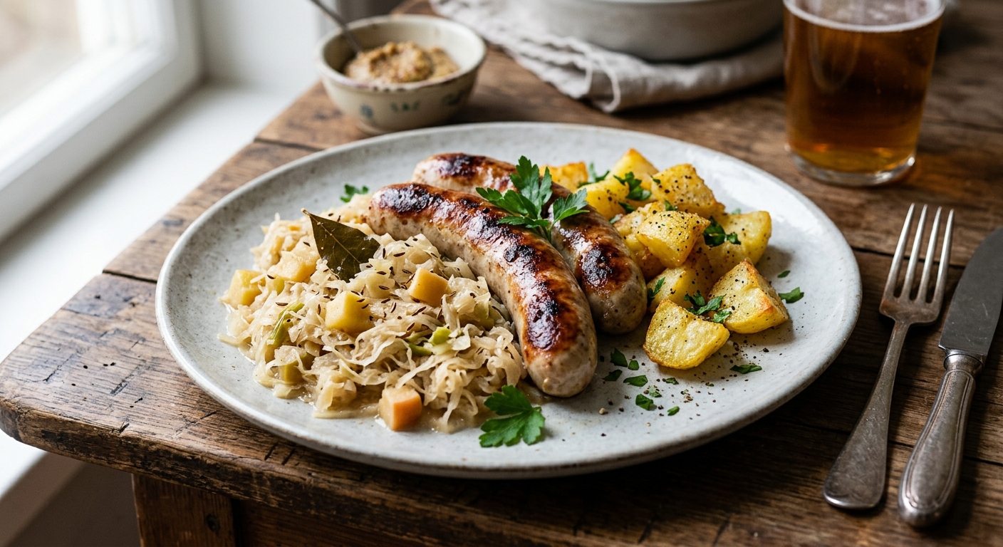 Bratwurst med Surkål och Rostad Potatis
