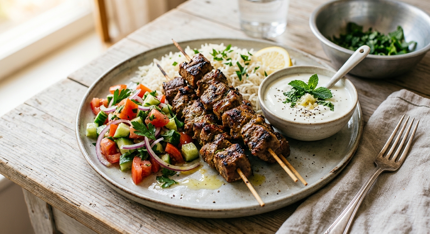 Lammkebab med Ris och Yoghurtsås