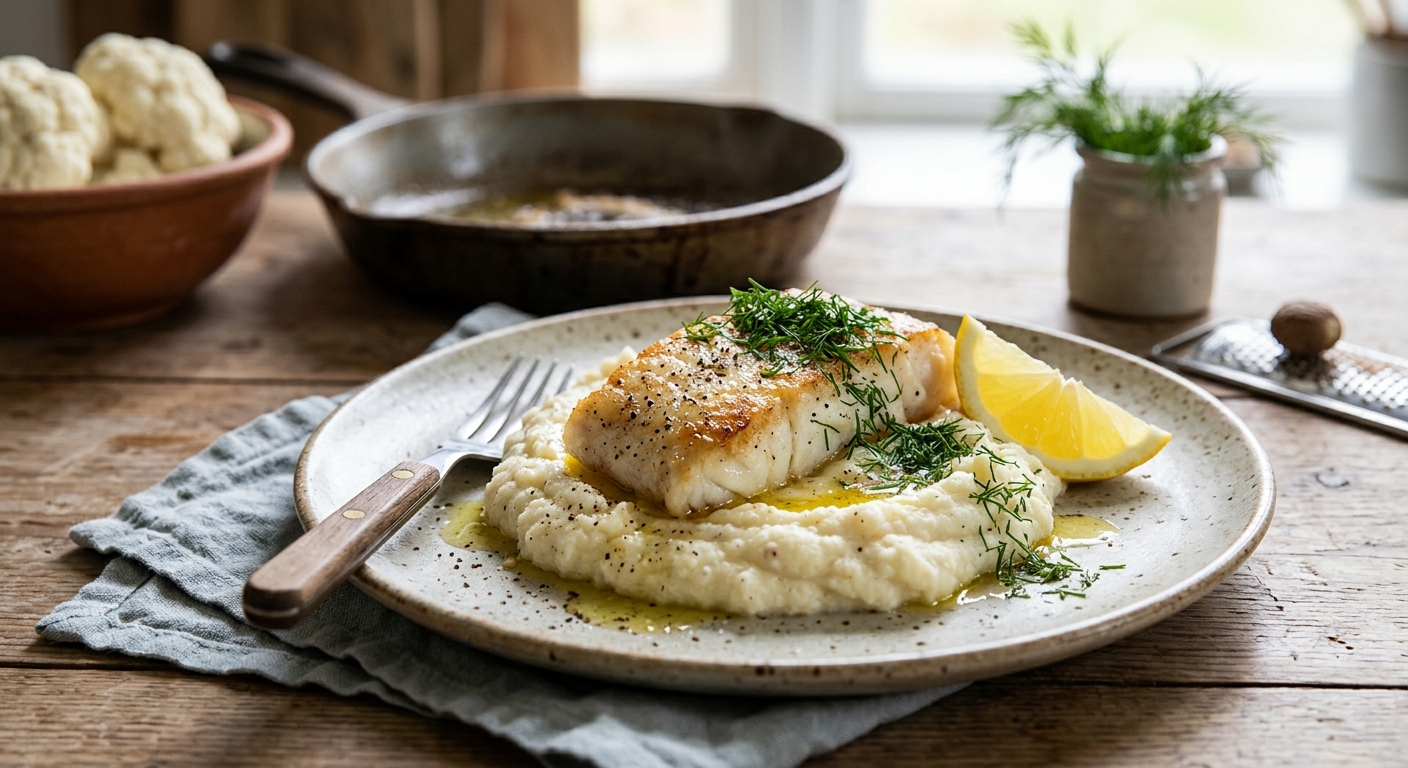 Torskrygg med blomkålsmos (en proteinrik middag)
