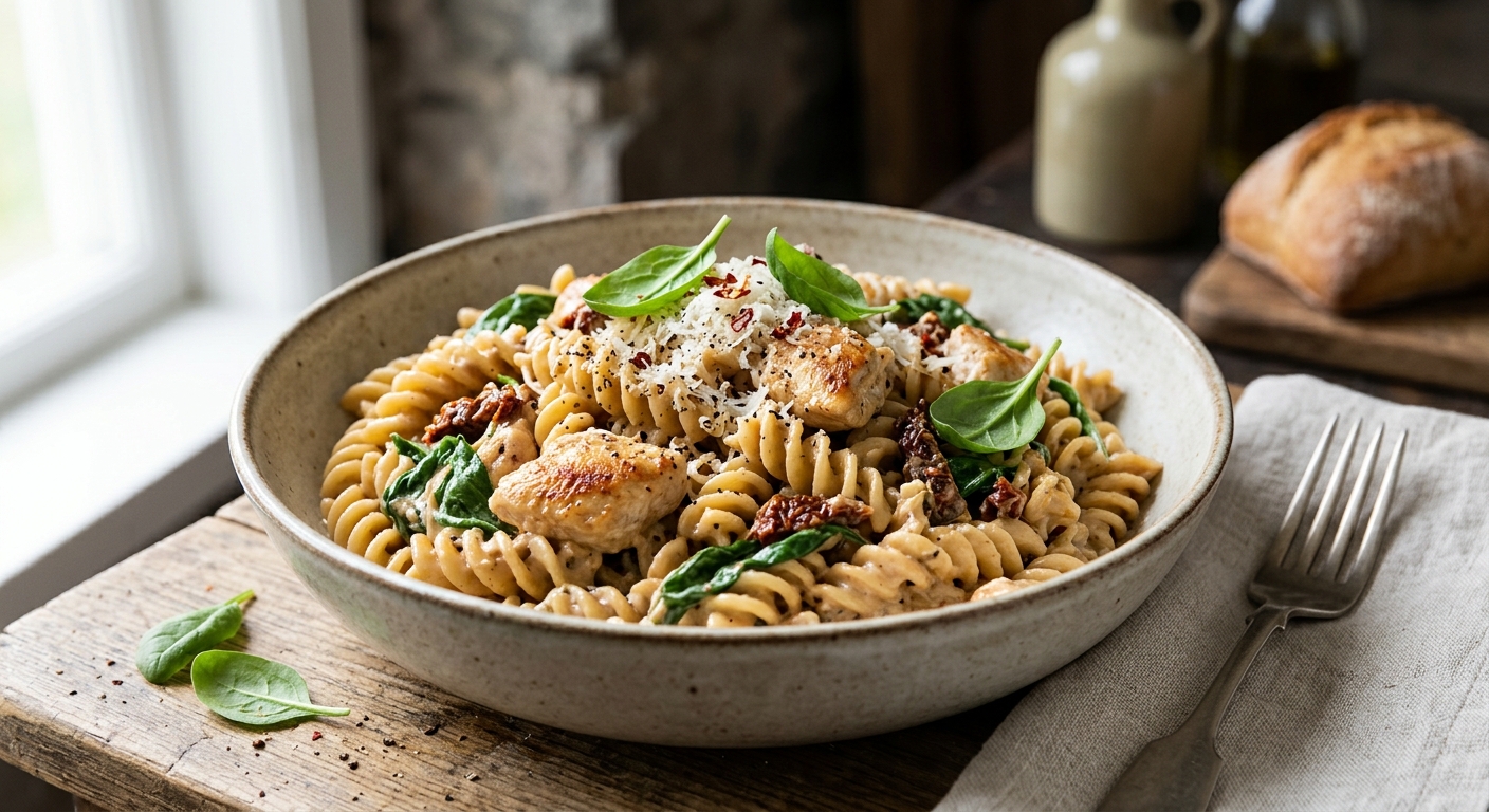 Krämig Laktosfri Kycklingpasta med Spenat och Soltorkade Tomater