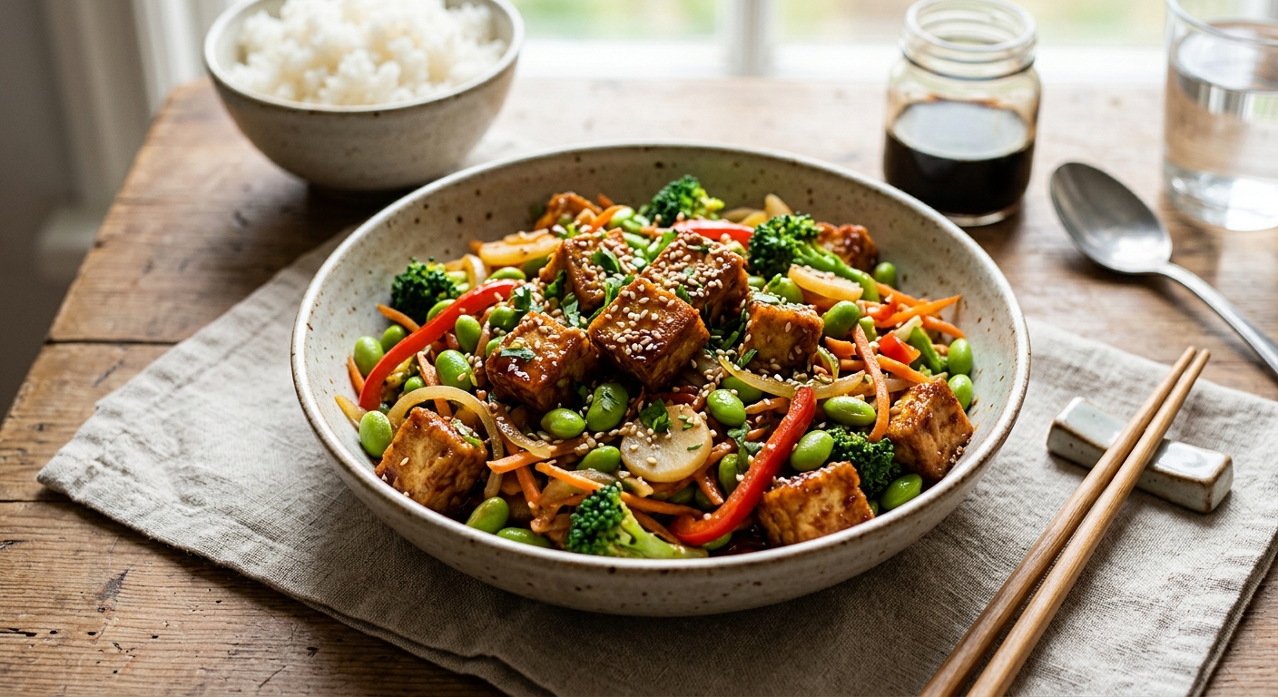 Asiatisk tofu- och edamame-stir-fry