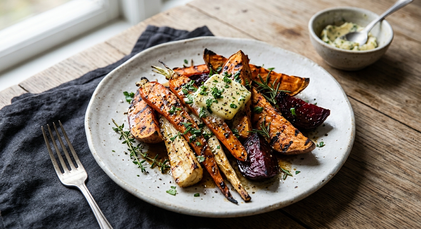 Grillade rotfrukter med örtsoja och gräsbetat smör
