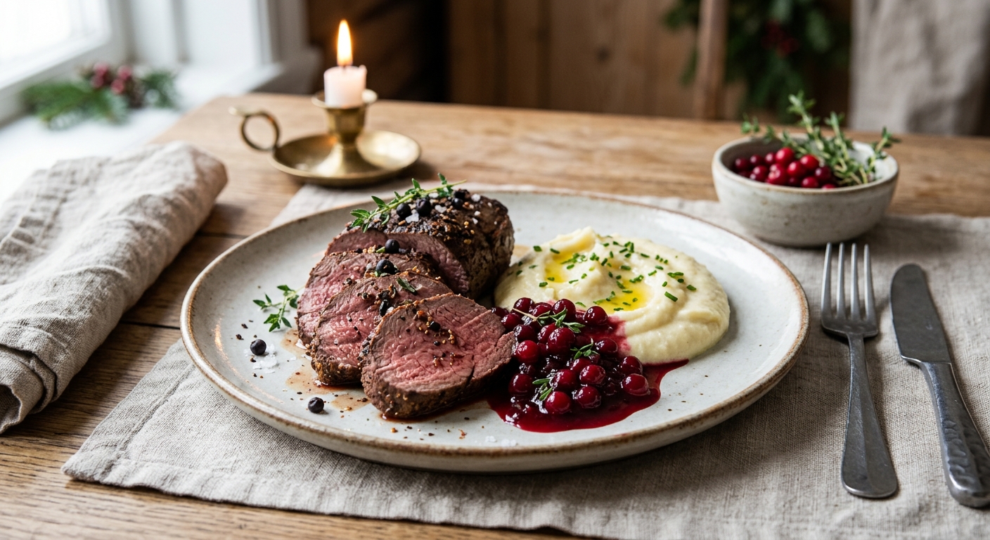 Glöggmarinerad Hjortfilé med Lingonsås och Mandelpotatispuré