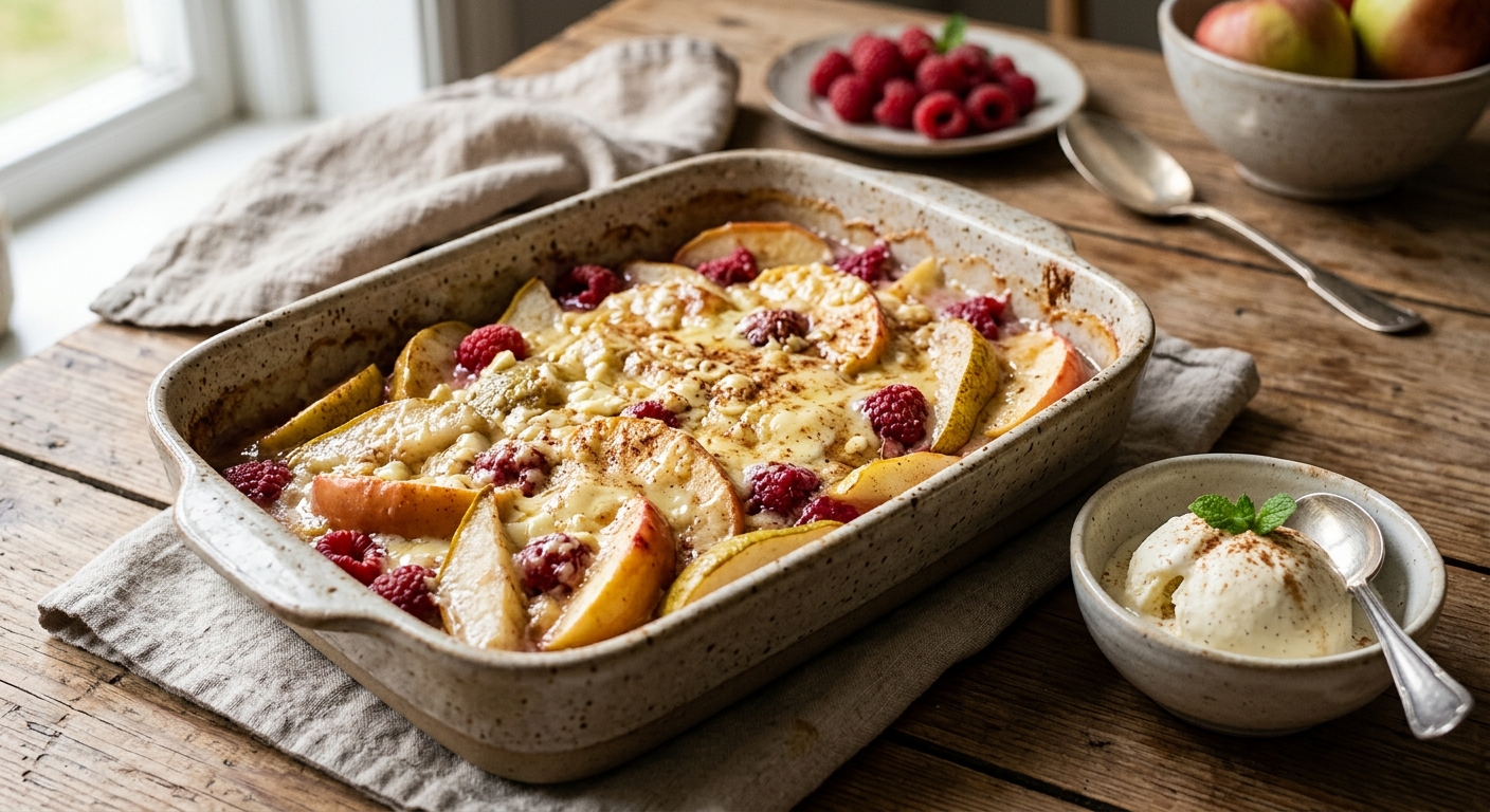 Ugnsbakad fruktdessert med vit choklad