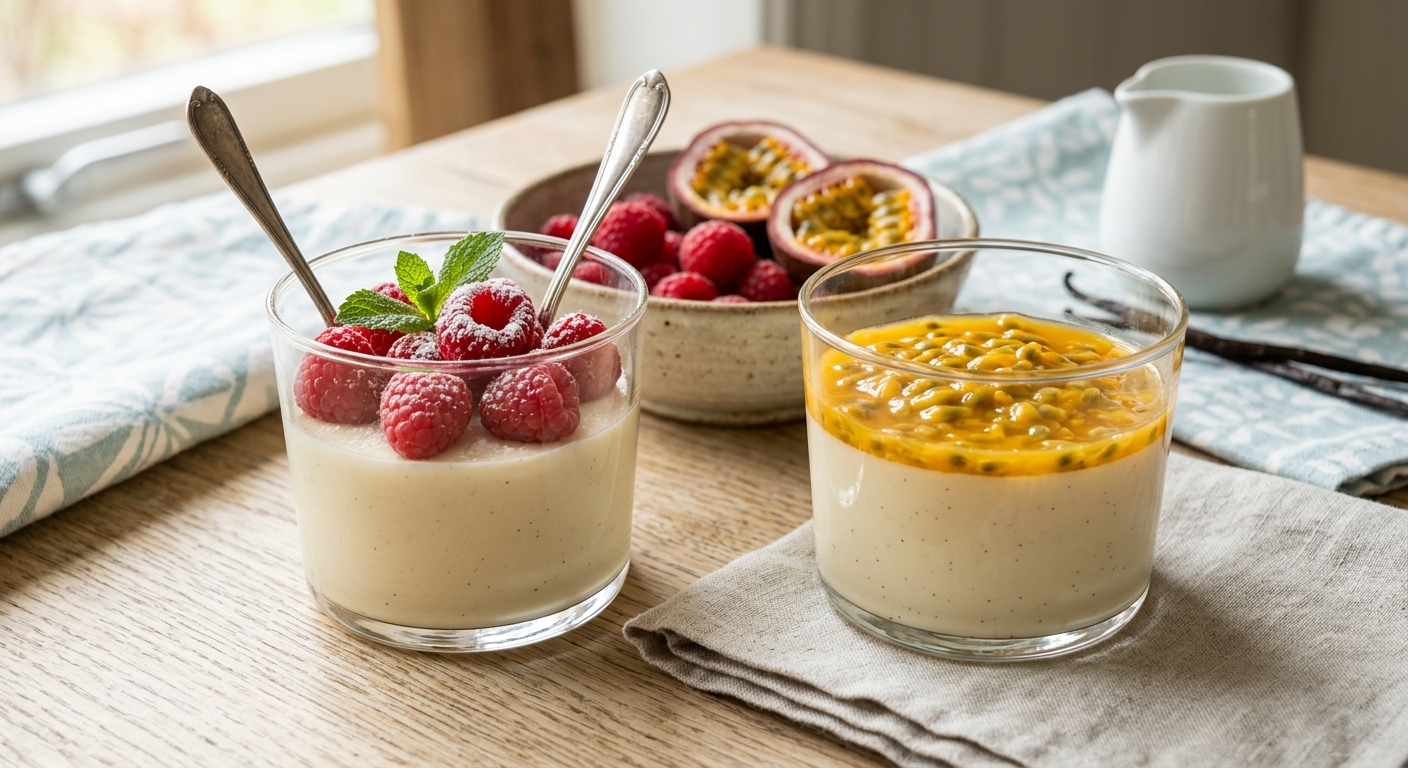 Vaniljpannacotta med hallon eller passionsfrukt