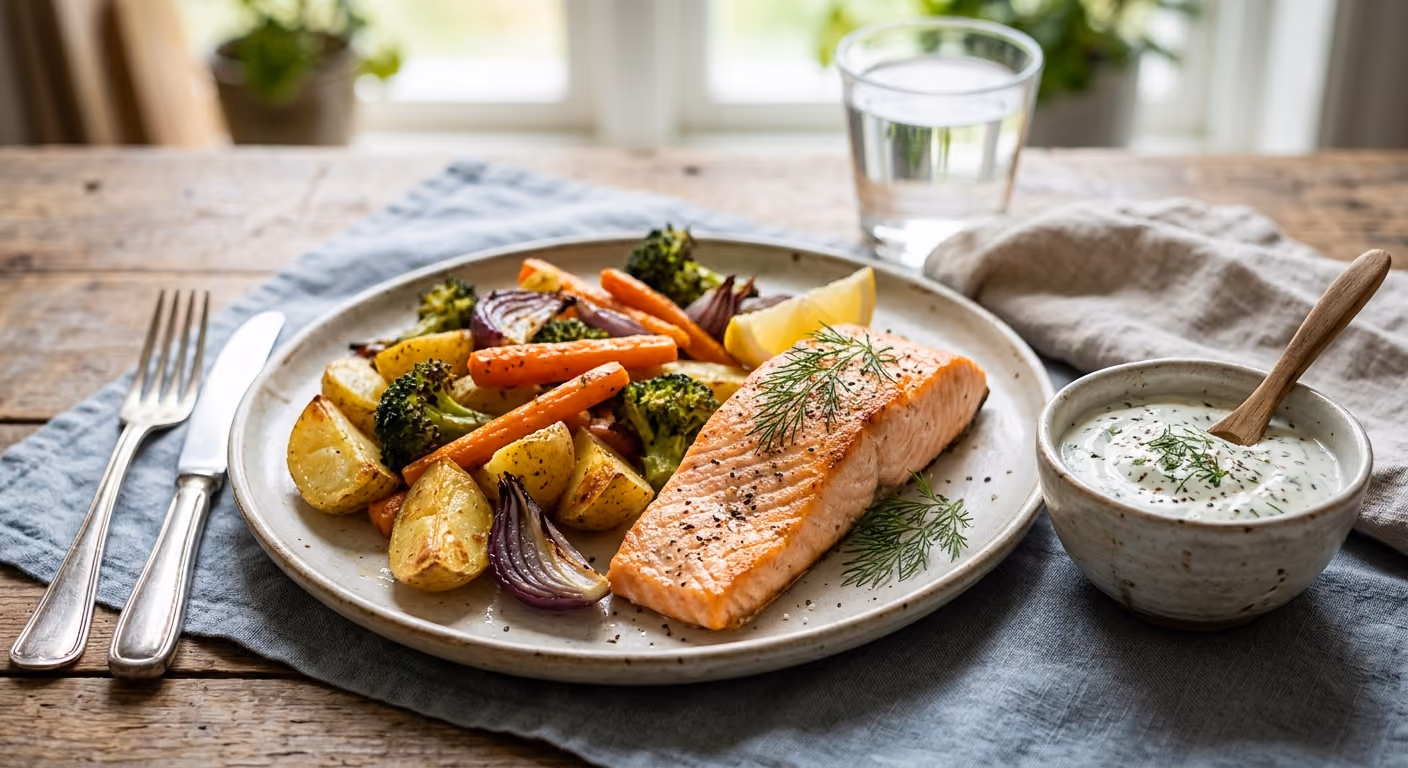Laxmiddag med ugnsrostade grönsaker och dillkräm