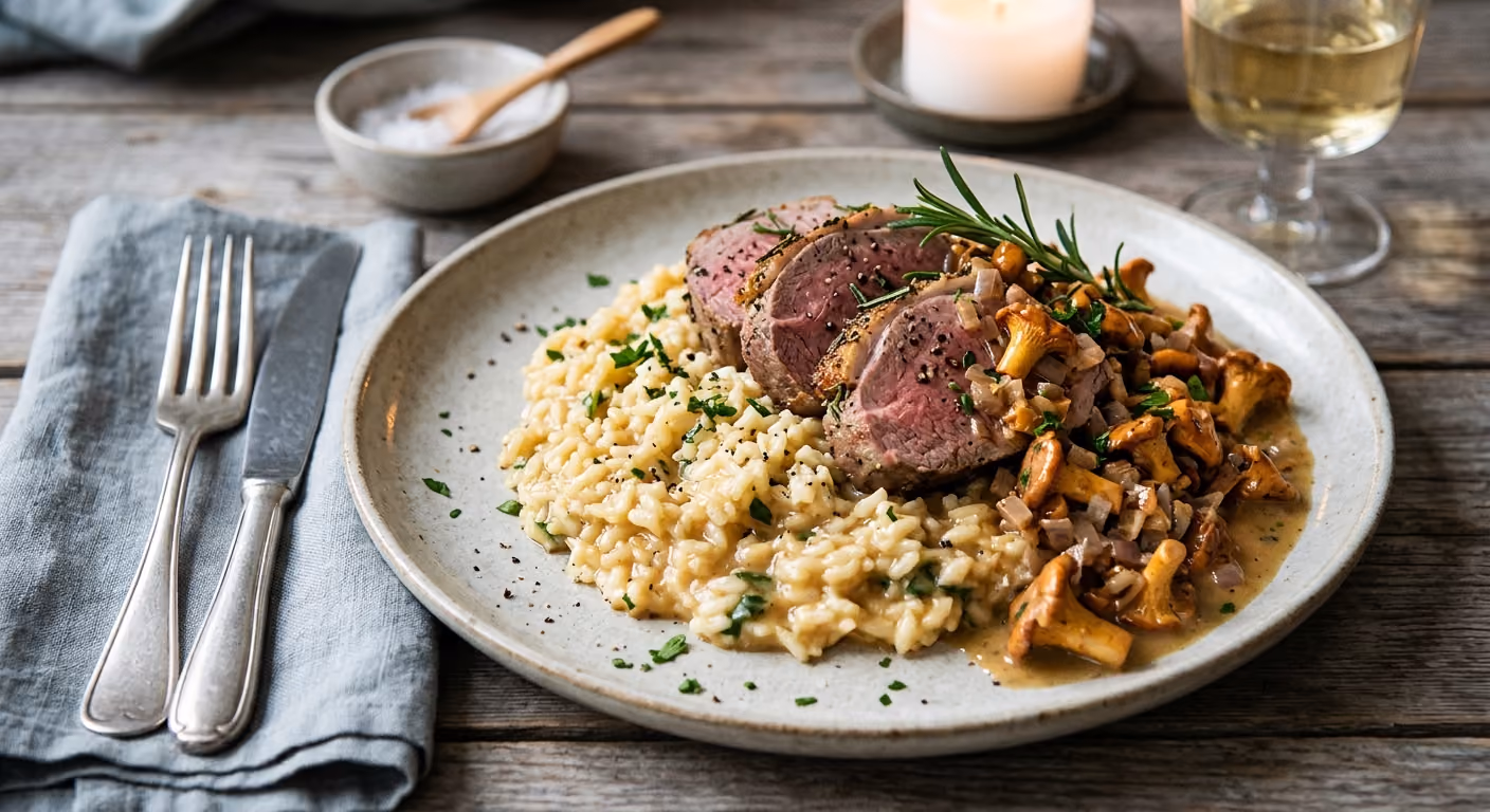 Rosmarinsdoftande lammfilé med kantareller och risotto