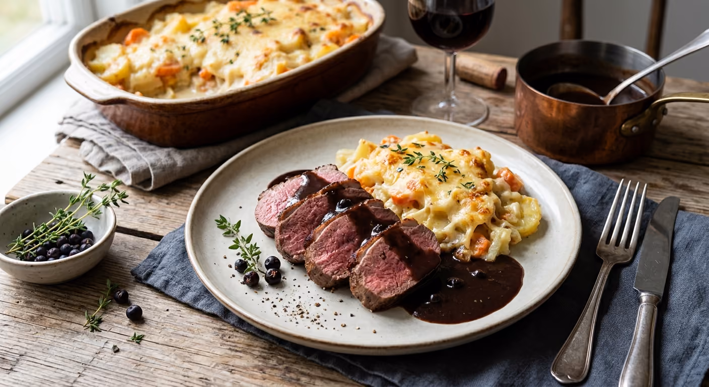 Rådjursfilé med Rotfruktsgratäng och Viltsås